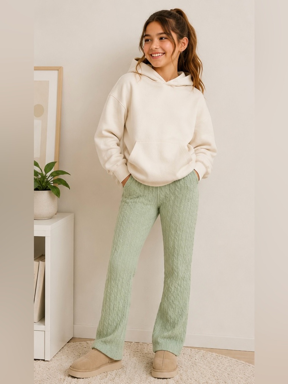 Zara Sage Green Cable Knit‎ Sweater Leggings Kids Sz 11-12 Cozy Lounge Pants